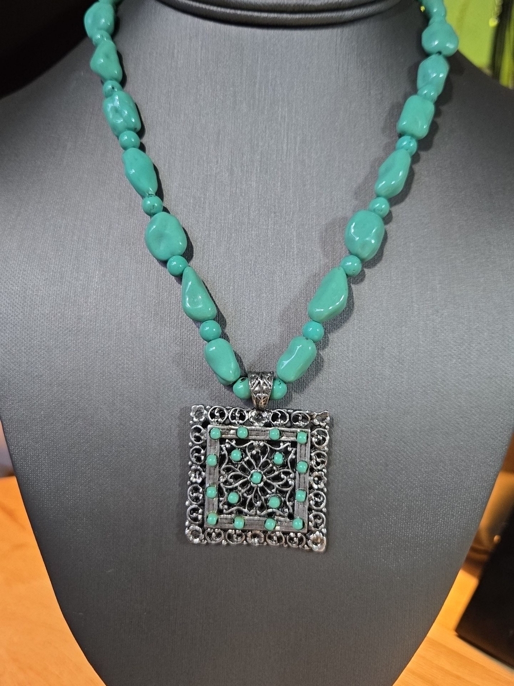 Turquoise Style Bead Necklace with Silver Filigree Pendant